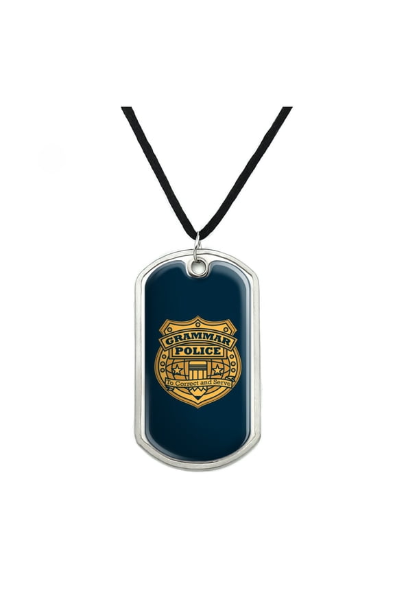 Grammar Police Badge Funny Military Dog Tag Pendant Necklace with Cord
