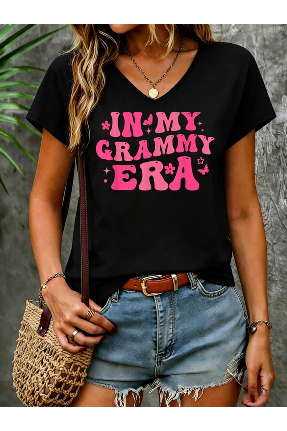 In My Grammy Era Baby Announcement for Grandma Mother's Day V Neck T-Shirt Cotton Women's V Neck Graphic Tee, Casual Short Sleeve Shirt,Vacation Outfit