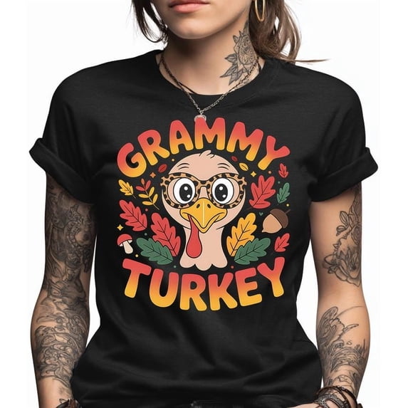 Grammy Turkey Shirt, Funny Thanksgiving Grandma Gift, Fall Leaves Design with Leopard Print Glasses, Cute Autumn Holiday Tee for Grandparent