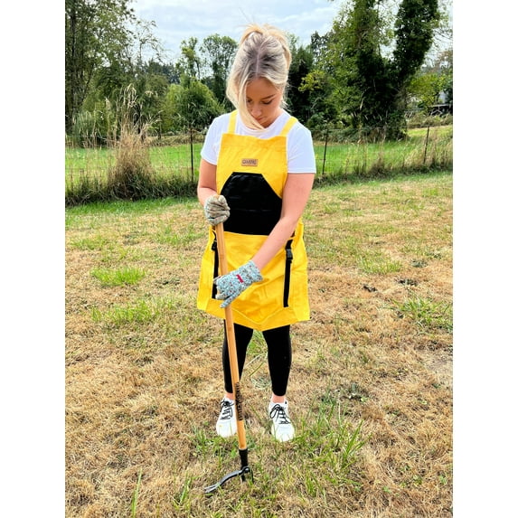 Grampa's Garden Apron - Yellow Cross Back Gardening Apron With Pockets For Women & Men | Harvest Apron with Large Kangaroo Pouch | Great For Harvesting & Weeding