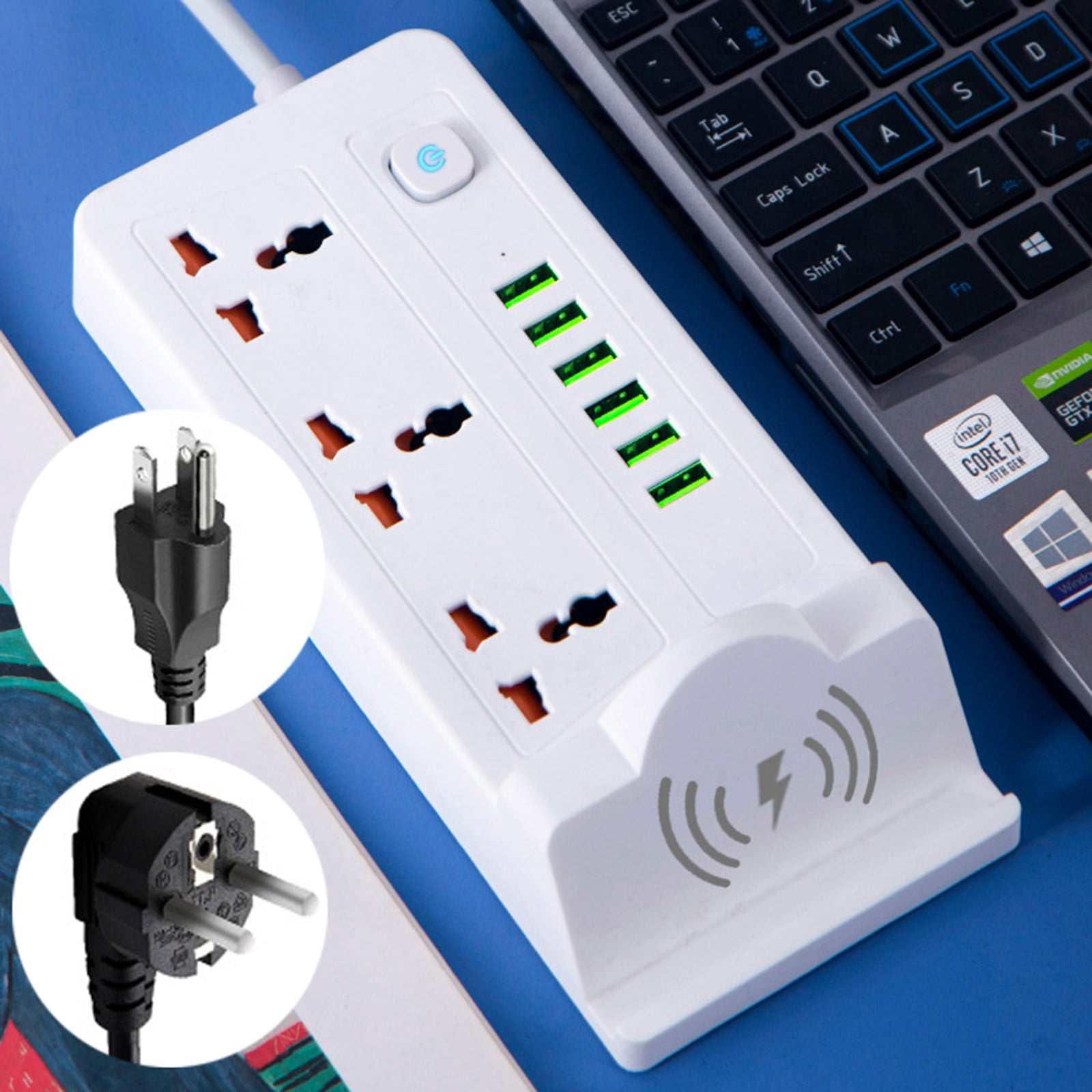 ¡Gran Ahorro! Enchufe multifuncional estándar de EE. UU., enchufe de dos pines/tres pines de 110V con 6 puertos USB y carga inalámbrica