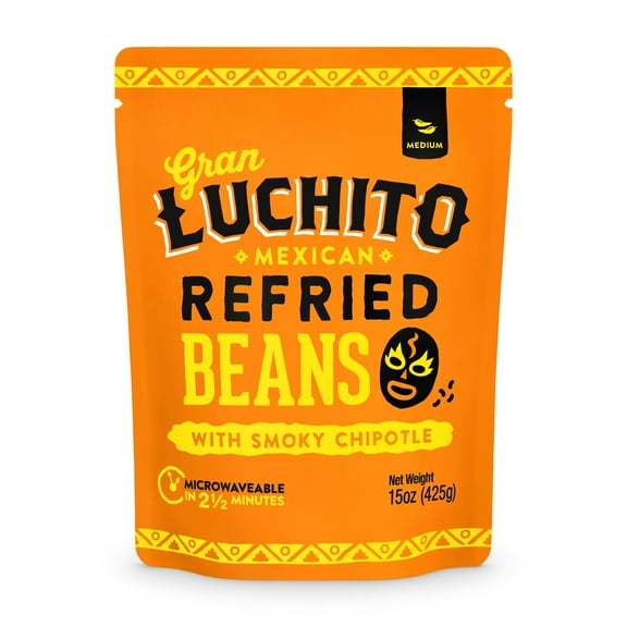 Gran Luchito Mexican Chipotle Refried Beans, 15 oz, Pouch. All Natural & Vegan