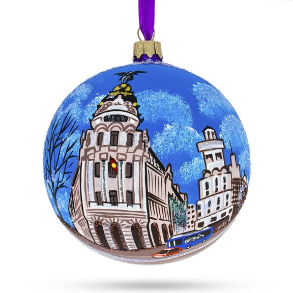 Gran Via, Madrid, Spain Glass Ball Christmas Ornament 4 Inches