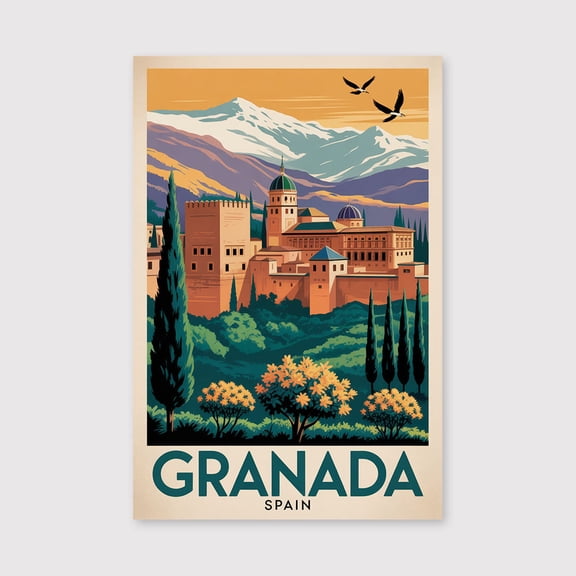 Granada Cartoon Travel Canvas Spain Wall Art City Print Canvas Alhambra Illustration Historic Decor Granada Souvenir Canvas-1WN2025