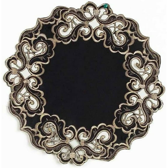 Gold Lace Black Doilies Set of 4 - Round Placemats European Embroidery for Fall Autumn Thanksgiving Season Dining Table Home Decor Wedding - 15 inches - The Granada Collection