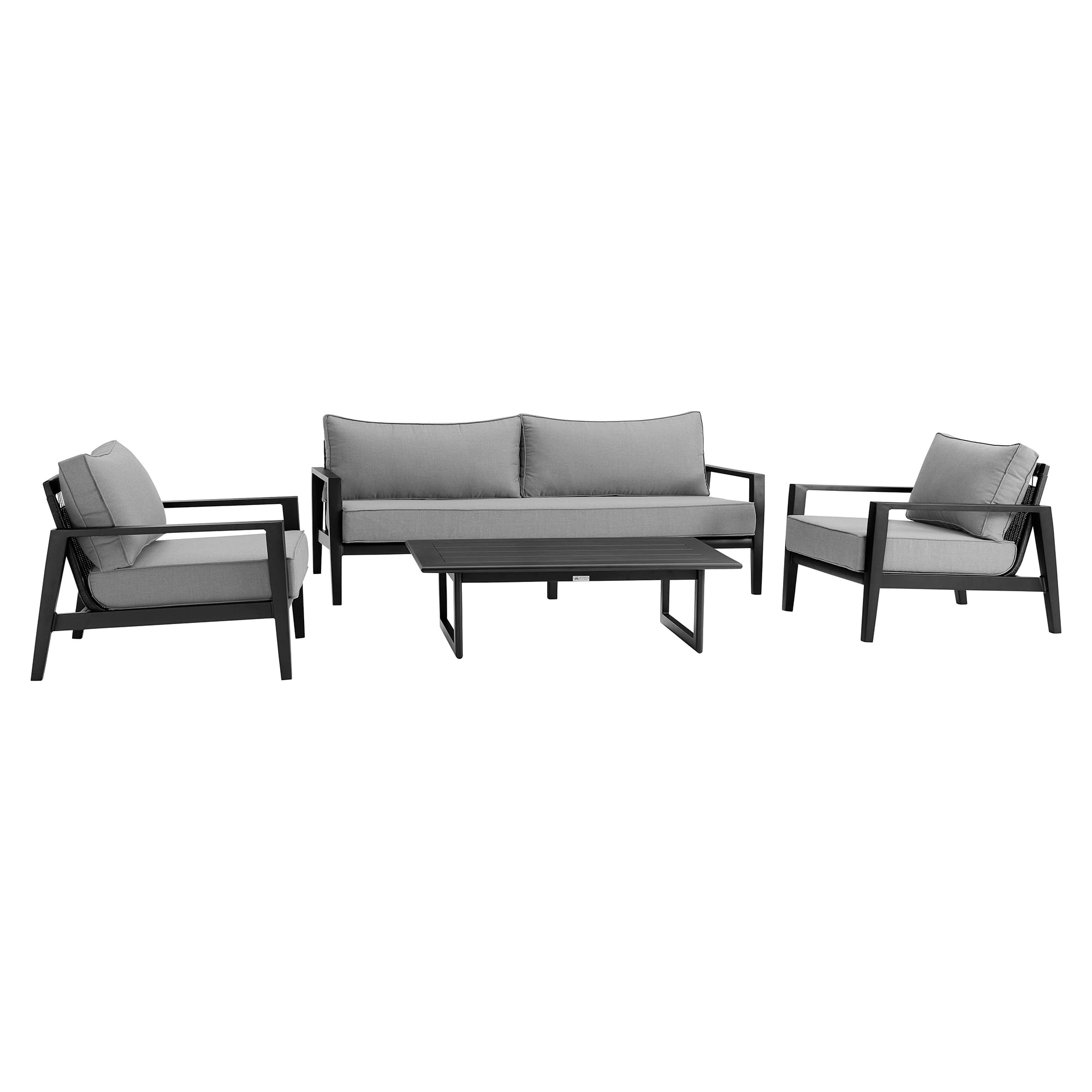 Grand 4-Piece Black Aluminum Outdoor Seating Set with Dark Gray Cushions