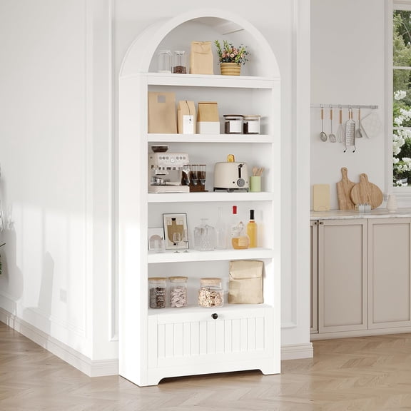 Grand 72" Arched Storage Cabinet | 6-Tier Pantry & Bookcase with Drawer for Ultimate Kitchen & Living Room Organization