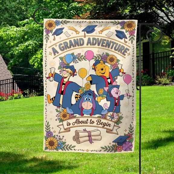 A Grand Adventure is About to Begin Fairy Tale Graduate Garden Flag, Honey Bear Senior Graduation trip Flag WDW Disneyland Grad Flag, Outdoor Porch Yard Decor