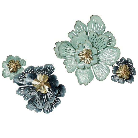 Grand Allure Light Aqua Dark Blue and Gold Floral Metal Wall Art Set Set of Two