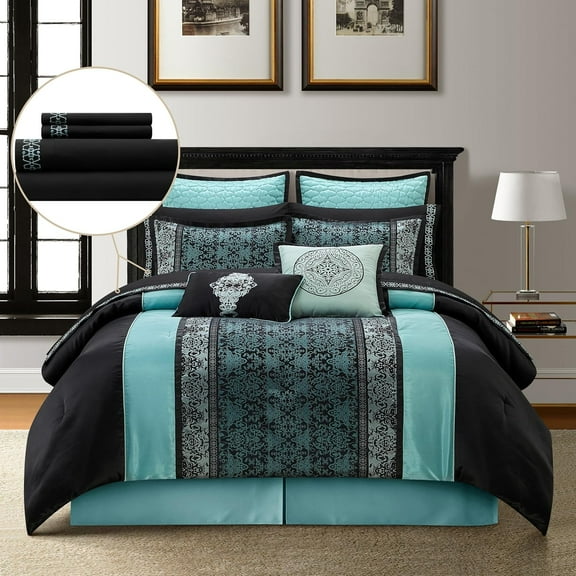 Grand Avenue Black & Teal Comforter Set California King Size, Classic Jacquard Bedding Sets, Faux Silk, Premium Microfiber, 12 Pieces Bed in a Bag, Matching Fitted Sheet, Flat Sheet