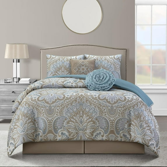 Grand Avenue Blue/Gold Floral California King Comforter Set, 6 Piece, Bedding Comforters & Sets, Pillows & Shams, All Season, Home Decor