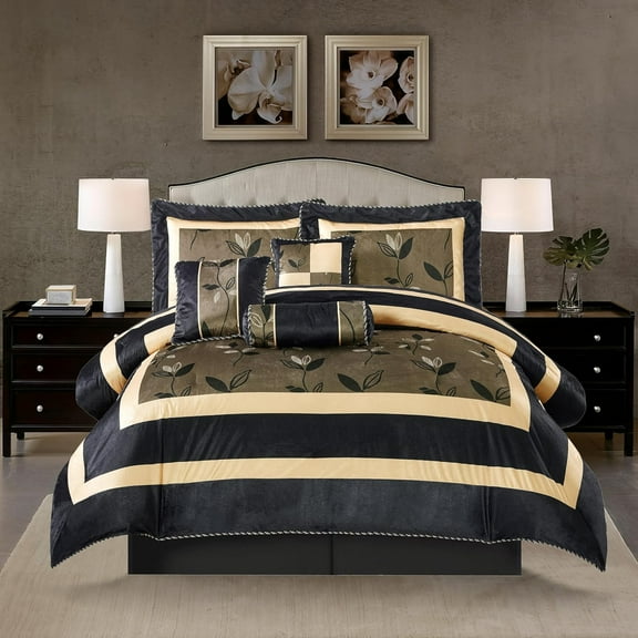 Grand Avenue Bronze Comforter Set California King Size, 7 Piece Short Plush Print Bedding Set, Leaves Design, Matching Bedskirt, Pillows & Shams