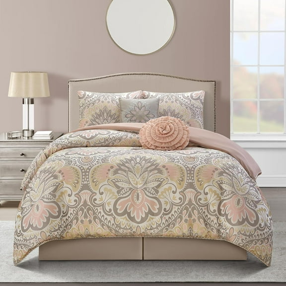 Grand Avenue Elegant Blush Floral Comforters Queen Size Set,Luxury, 6 Piece, Ultra Soft, Premium Microfiber, Pillows & Shams, All Season, Home Decor