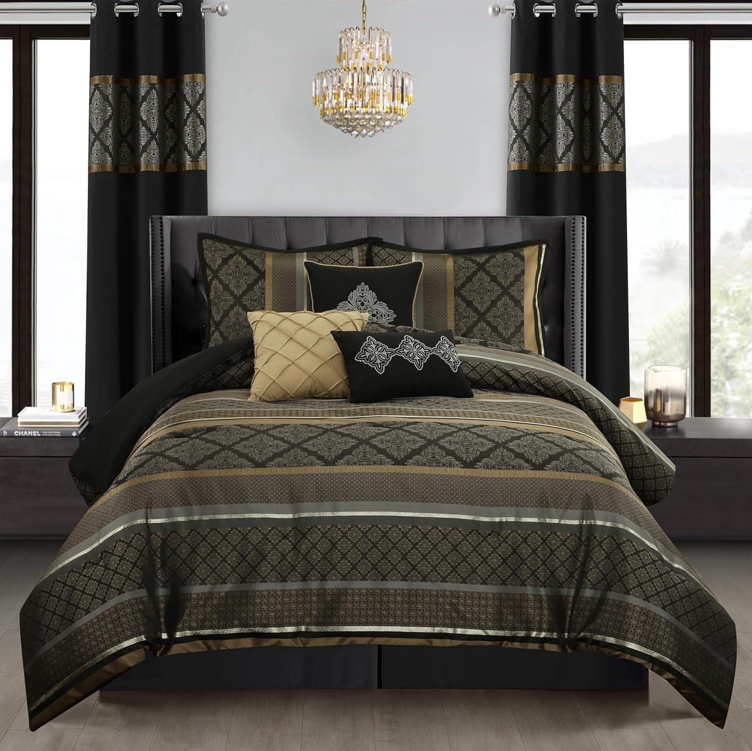 Grand Avenue Geometric Black and Gold Comforter Set King Size, 7 Piece ...
