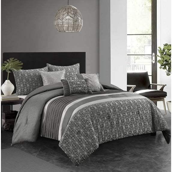 Grand Avenue Grey Geometric Queen Comforter Sets, 6 Piece, Jacquard All Season Premium Bedding Set, Bedskirt, Pillows & Shams