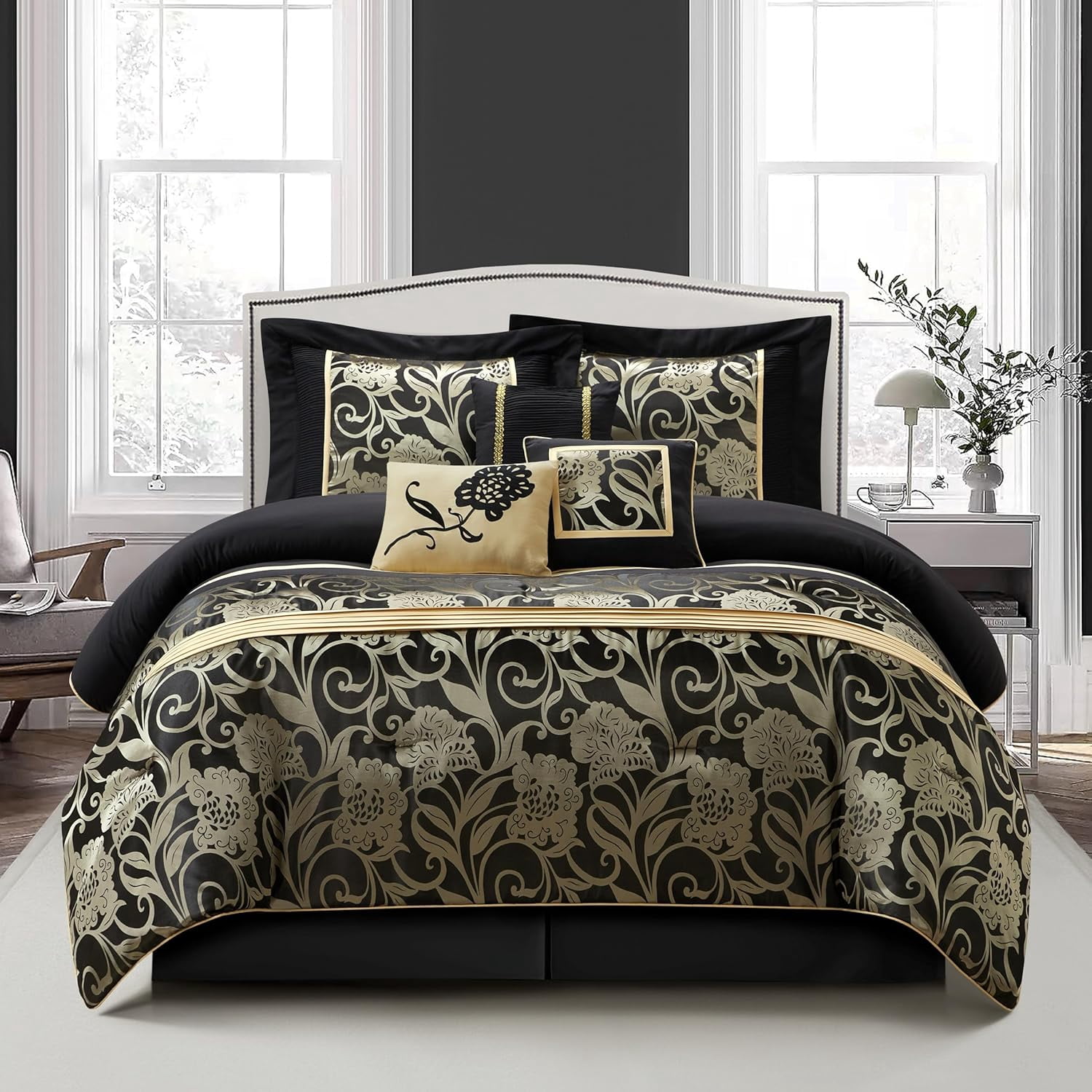 7 Piece Jacquard Floral Comforter Set Bed in a Bag Set Black Gold