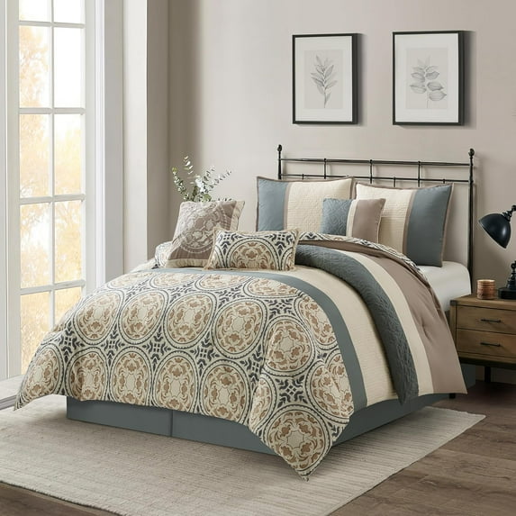 Grand Avenue Multi-Color Comforter Sets King Size Bed, 7 Piece, Home Decor, Microfiber Print, Premium Lightweight Microfiber, Pillow Shams Bedskirt