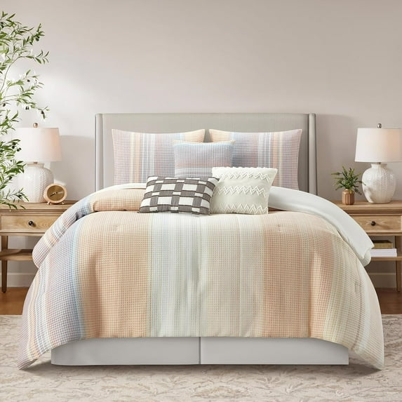 Grand Avenue Pink Waffle Jacquard Comforter Set Queen Size, 7 Piece Striped Bedding Set, All Season Home Decor, Matching Pillow Shams, Bedskirt, Decorative Pillows