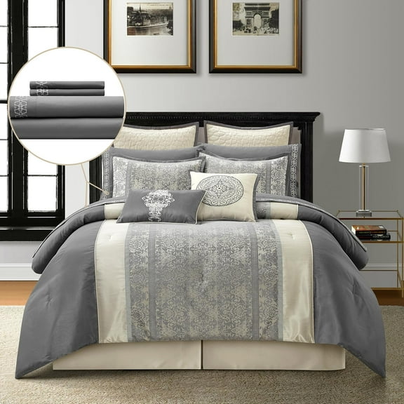 Grand Avenue Silver & Ivory Comforter Set Queen Size, Classic Jacquard Bedding Sets, Faux Silk, Premium Microfiber, 12 Pieces Bed in a Bag, Matching Fitted Sheet, Flat Sheet