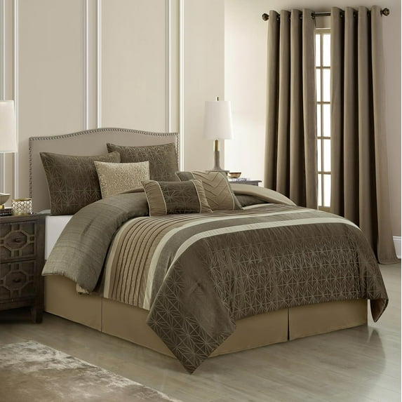 Grand Avenue Taupe Comforter Set King Size, 9 Piece Geometric Bedding Set, Jacquard with Matching Solid Piecework, Bedskirt, Pillows & Shams, Curtains
