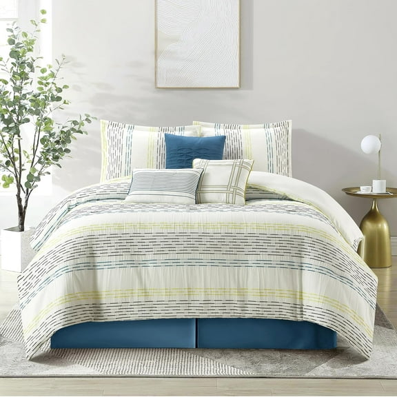 Grand Avenue White Blue Comforter Set King Size, 7 Piece Geometric Jacquard Bedding Set, Matching Bedskirt, Pillows & Shams, Curtains