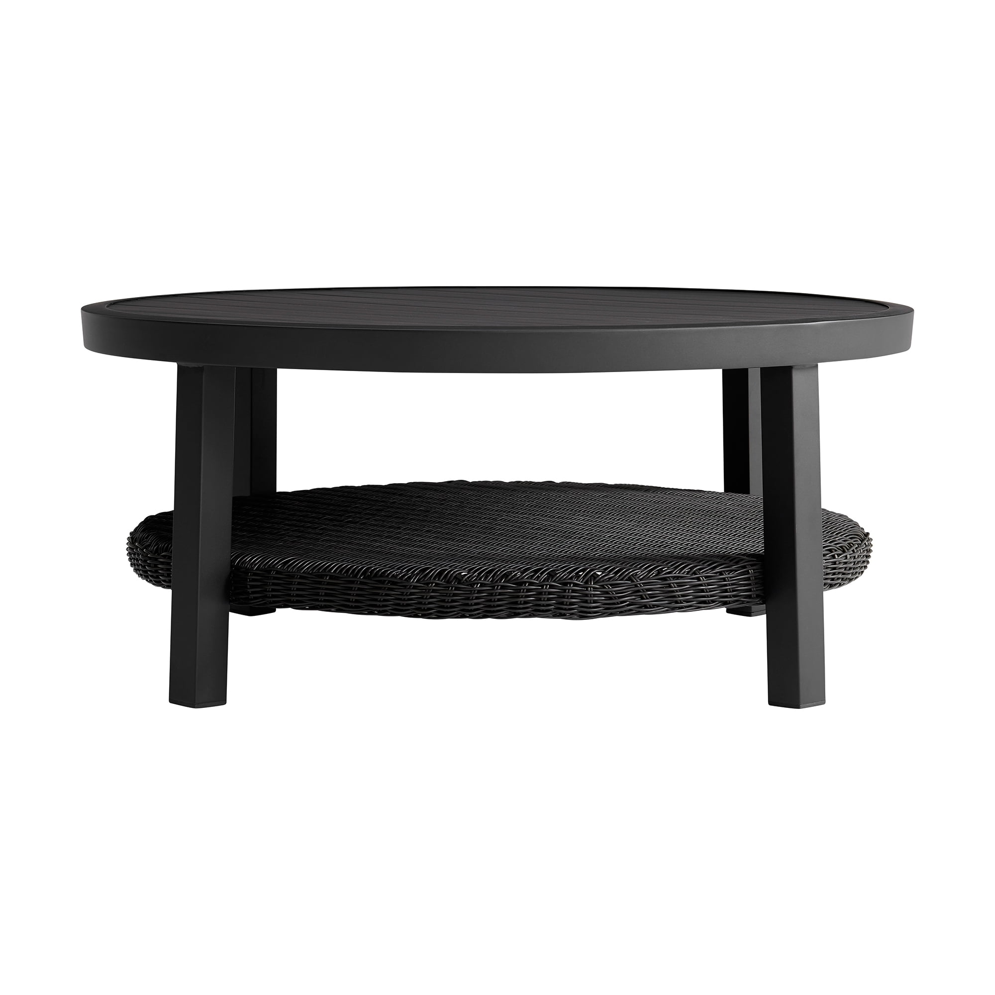 Grand Black Aluminum Round Outdoor Coffee Table with Wicker Shelf