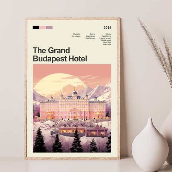 Grand Budapest Hotel Pastel Facade Swiss Style Minimalist Black and White Mid-Century Modern Wall Art, Unframed Canvas