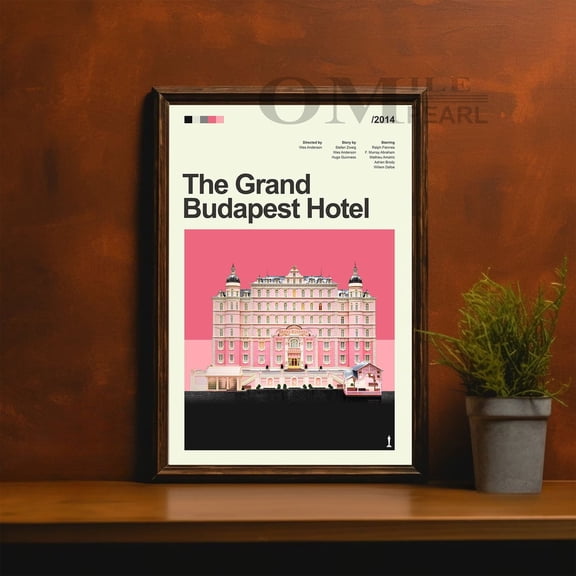 Grand Budapest Hotel Pastel Facade Swiss Style Minimalist Black and White Mid-Century Modern Wall Art Version Gamma, Unframed Poster