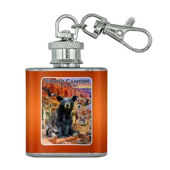 Grand Canyon National Park Arizona AZ Animals Cougar Bear Deer Raccoon Stainless Steel 1oz Mini Flask Key Chain