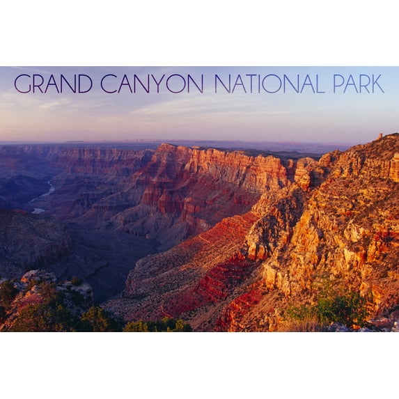 Grand Canyon National Park, Arizona, Watchtower and River at Sunset (9x12 Wall Art Print, Home Decor)