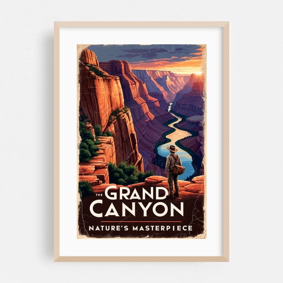 Grand Canyon Poster: Vintage National Park Artwork - Arizona Illustration Travel Poster Nature Landscape Vintage Desert Scenic Oak Framed Wall Art Print 5 x 7 inches