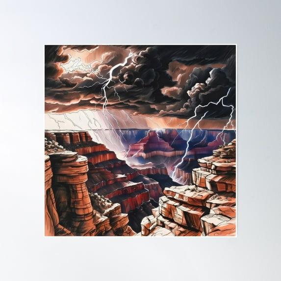 Grand Canyon Thunderstorm – Dramatic Lightning Over Canyons Poster Wall Art, Modern Wall Decor, 16x16 UNFRAMED