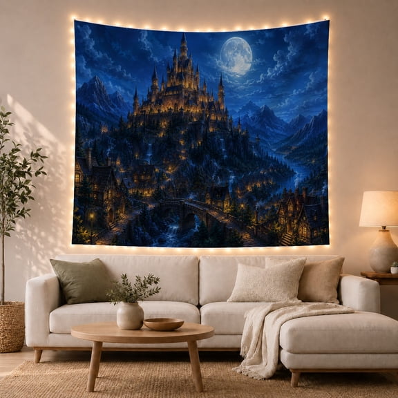 Grand Castle Above a Glowing Mountain Village, Serene Fantasy for Castle Fans, Enchanted Kingdom Art, Housewarming Gift, Tapestry Wall Hanging for Bedroom and Living Room