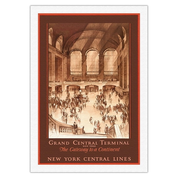 Grand Central Terminal New York - The Gateway to a Continent - New York Central Lines - Vintage Railroad Travel Poster by Earl Horter c.1920s - Fine Art Rolled Canvas Print 27in x 40in