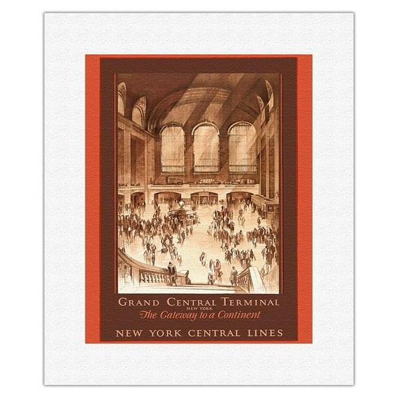 Grand Central Terminal New York - The Gateway to a Continent - New York Central Lines - Vintage Railroad Travel Poster by Earl Horter c.1920s - Fine Art Rolled Canvas Print 11in x 14in