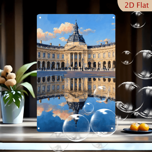 Grand Classical European Building with Dome and Columns, Sky Reflection in Shallow Pool, Blue Sunset Art Print, 8x12 Inches Metal Wall Decor for Living Room