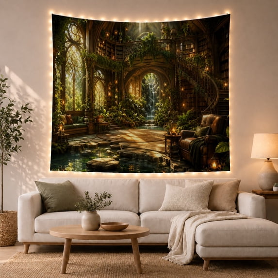 Grand Fantasy Library With Waterfall and Hanging Vines, Mystical Gothic Art for Book Lovers, Dark Sanctuary Decor, Housewarming Gift Tapestry Wall Hanging for Bedroom and Living Room