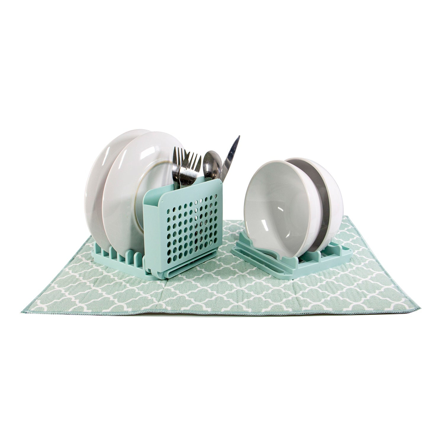 Grand Fusion - Kitchen Dish Drying Absorbent Mat with 3 Section Rack for Tray Bowl Plates - Green