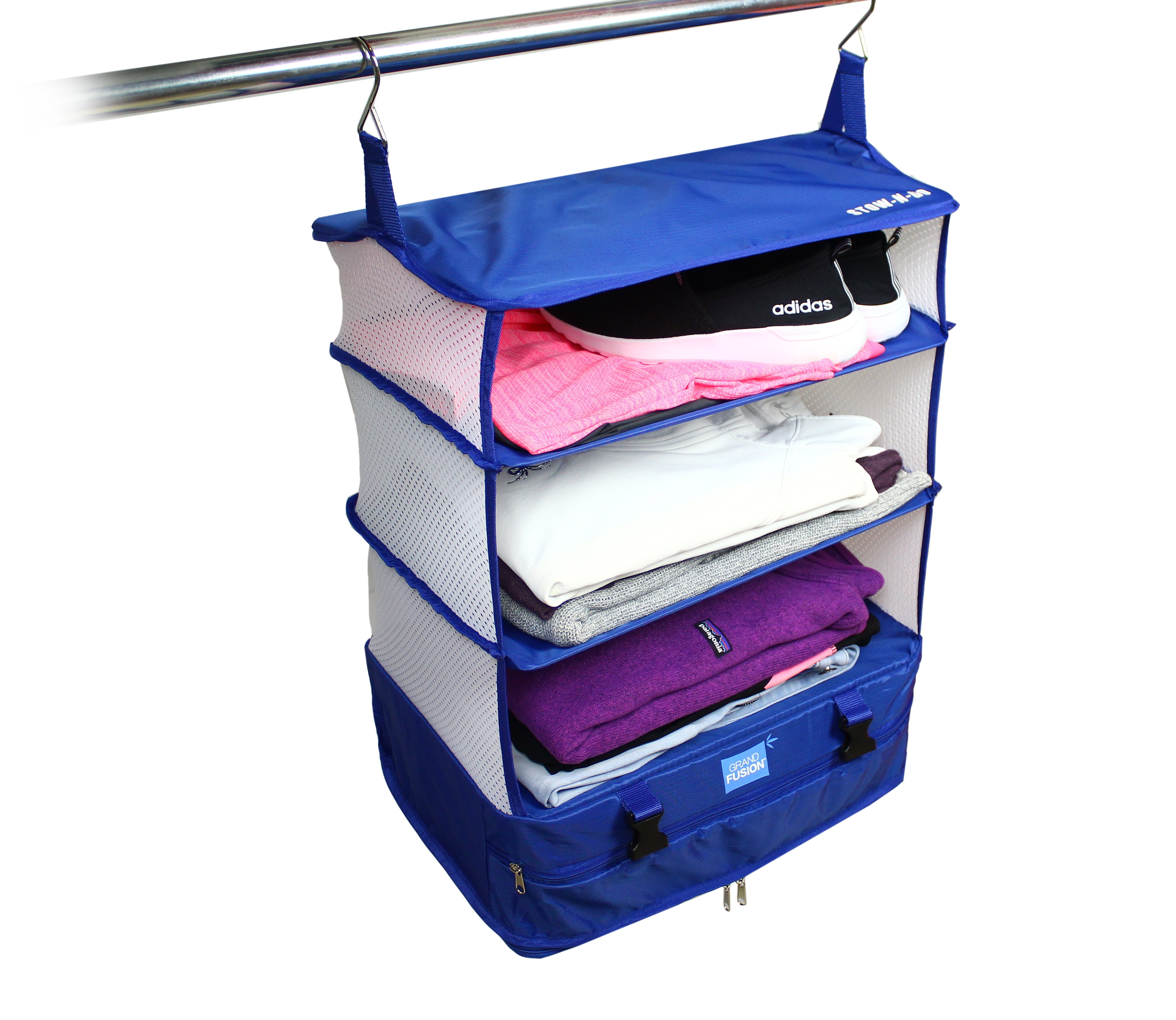 Grand Fusion Housewares Stow-N-Go Luggage & Travel Organiser, Travel Supplies, Hanging Packing Cubes with Hanging Shelves and Laundry Storage Compartment, Burgundy