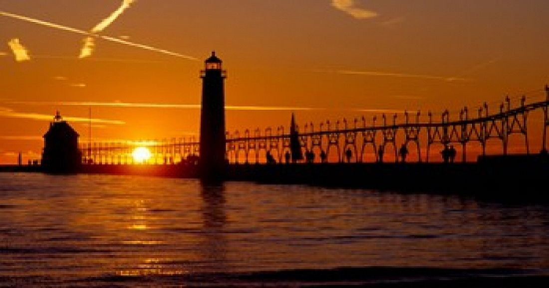 Grand Haven Lighthouse at sunset Grand Haven Michigan USA Canvas Art - Panoramic Images (24 x 12)