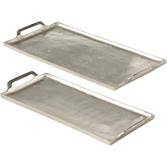 Grand Hotel Serving Trays, Set of 2, Brilliant Craft Finish, Hand Cast Silver Aluminum, 21.75 and 18.5 Inches, Pads on Bottom,Rectangles