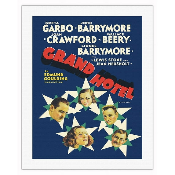 Grand Hotel - Starring Greta Garbo John Barrymore Joan Crawford Wallace Beery - Vintage Film Movie Poster c.1932 - Fine Art Rolled Canvas Print 20in x 26in