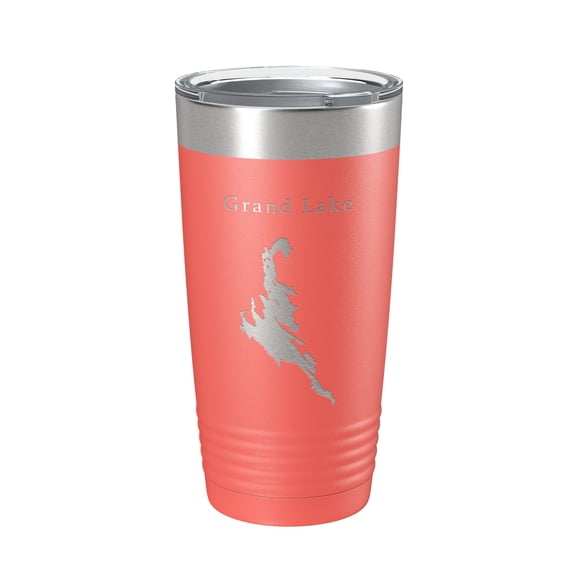 Grand Lake Map Tumbler Travel Mug Insulated Laser Engraved Coffee Cup Maine 20 oz Coral