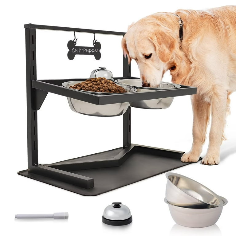 Grand Line Elevated Dog Bowls 7 Height Adjustable 10 Tilted Raised Dog Bowls Stand with Spill Proof Mat Two 1.5L Stainless Steel Dog Food Water