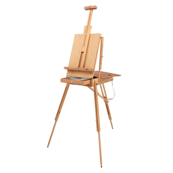 Grand Luxe Full Box French Easel- Oiled Beechwood Artist Easel with Brass Fittings, Adjustable Dividers, and Wood Palette- Plein Air Easel w/Leather Handle and Linen Strap for Canvases up to 34" High