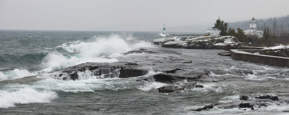Grand Marais Minnesota United States Of America Large Waves By The Shore In Lake Superior In Winter Canvas Art - Susan Dykstra Design Pics (44 x 18)
