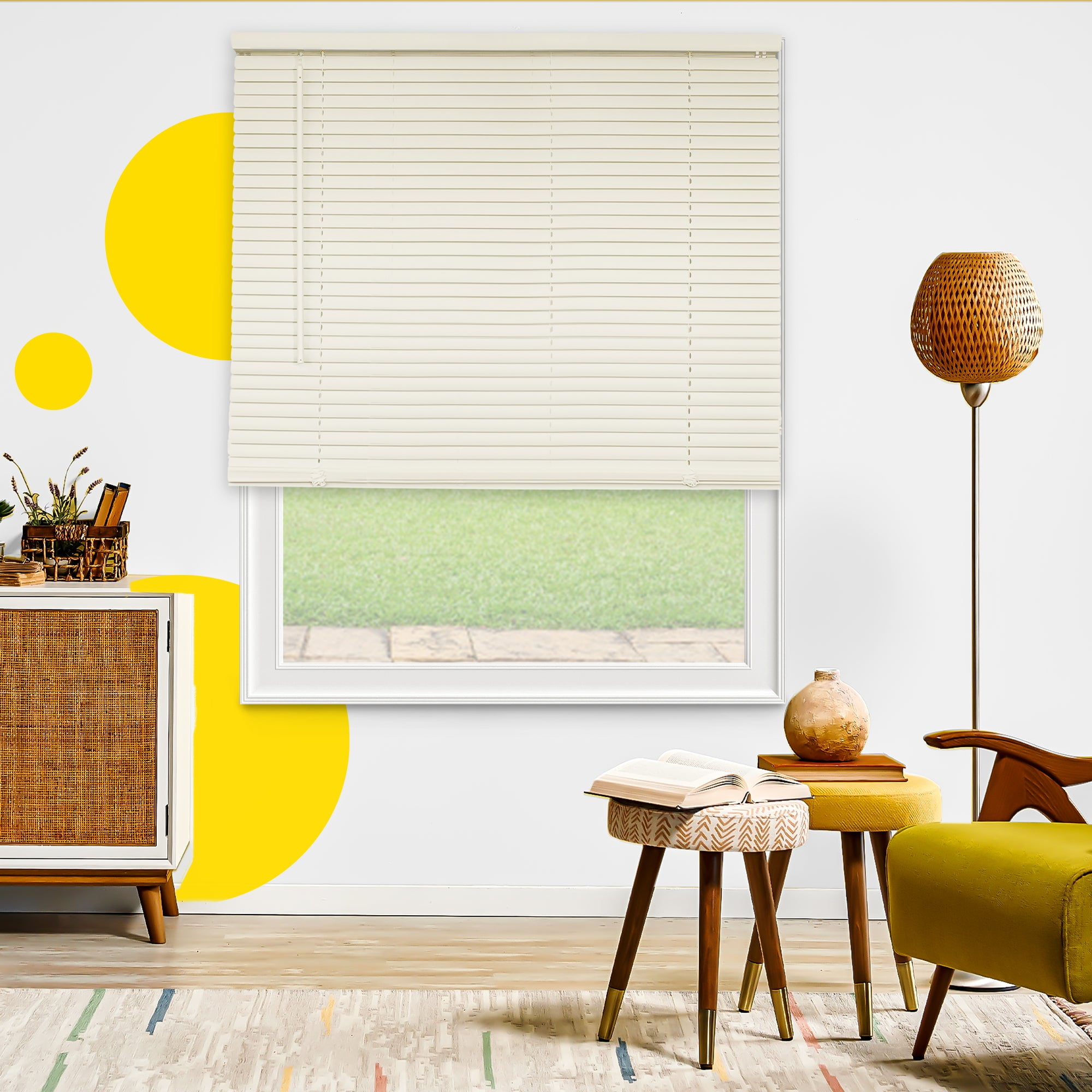 Grand Off-White 47 in. W X 72 in. H Cordless Light Filtering Vinyl Mini Window Blinds with 1 in. Slats