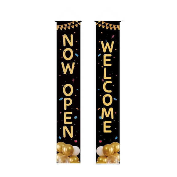 Grand Opening Porch Sign Banner, Now Open Door Decorative Hanging Banner, Black Gold Store Advertising for Shop Garden Outdoor Business Restaurant Grocery Cafe