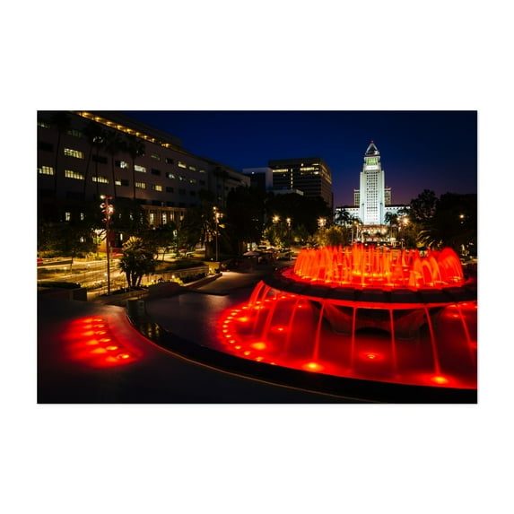 Grand Park Fountain - Los Angeles California Photography Cityscape Nightlife Architecture City Neon Sign Travel Poster Scenic Unframed Wall Art Print 40 x 60 inches