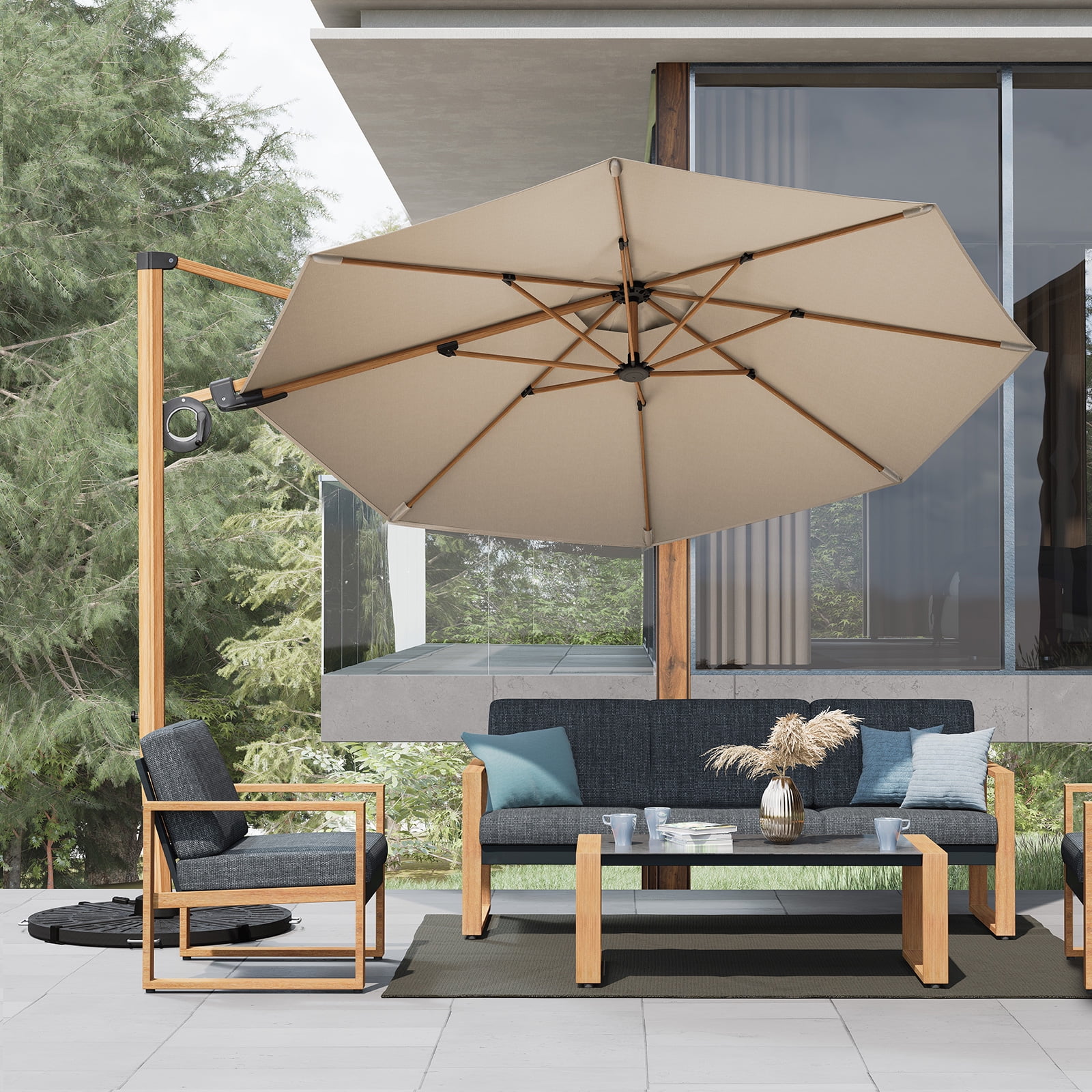 Grand Patio 10 ft Offset Patio Umbrella, Cantilever Umbrella with Crank & Dual Tilt, Faux Wood Grain Aluminum Large Umbrella, Champagne